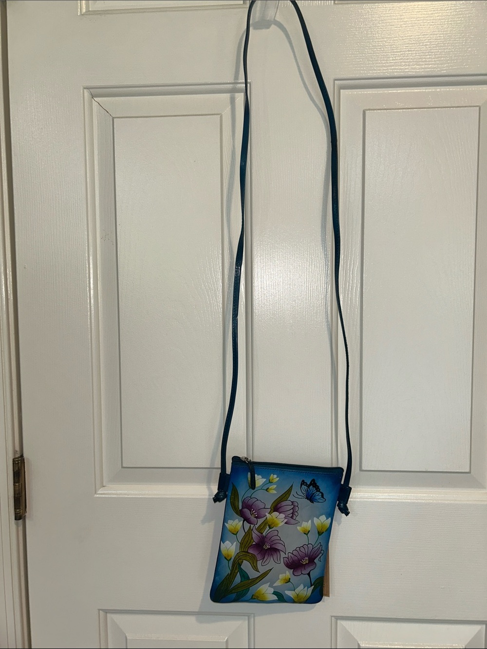 Blue Floral Crossbody Bag with Butterfly Accent